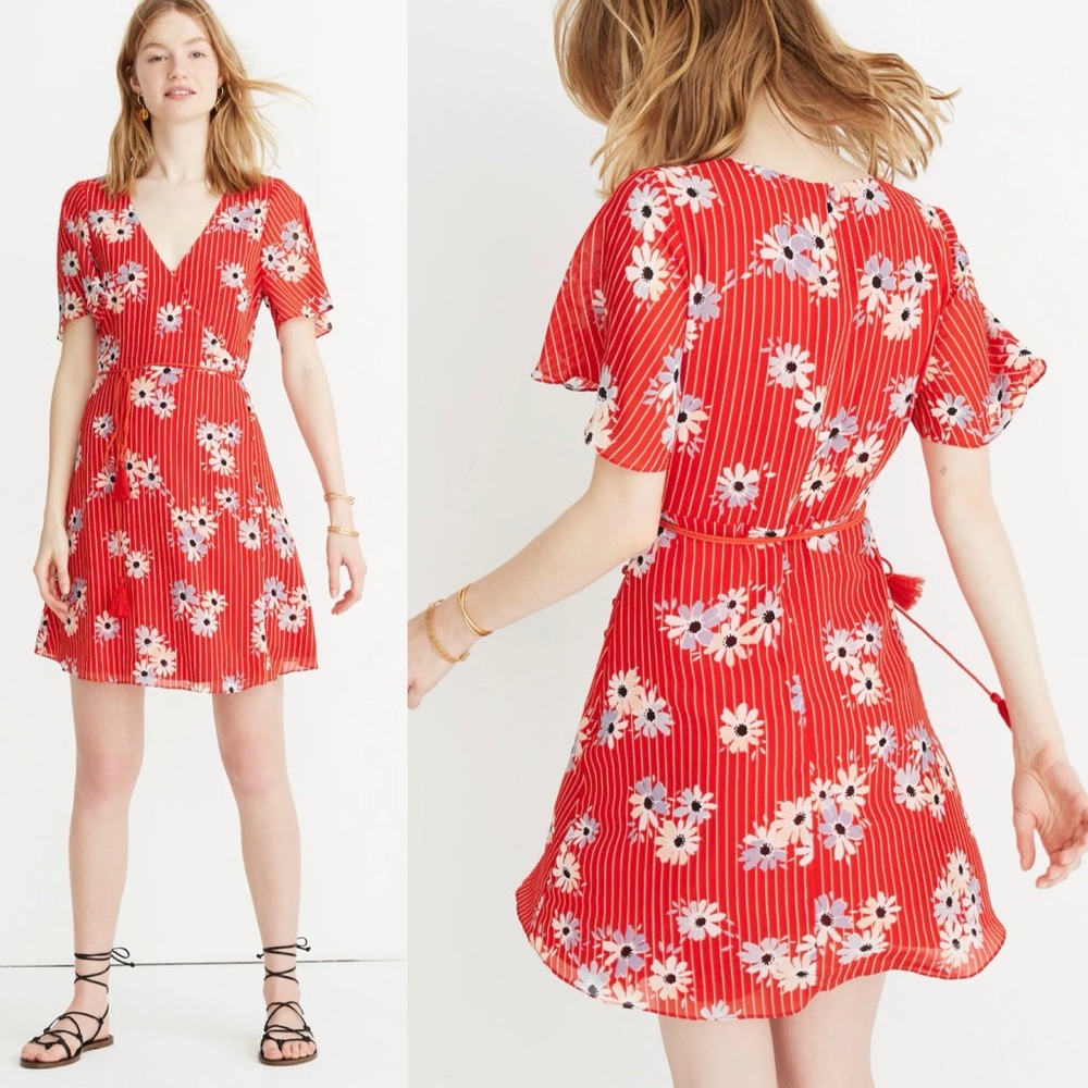 Madewell Red Daisy Print Short Flutter Sleeve Wrap Mini Dress Size 14